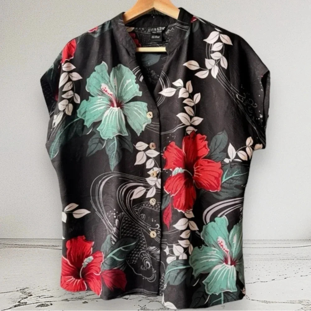 CITRON Santa Monica Hibiscus and KOI Button down Silk Shirt Short Sleeve Size L